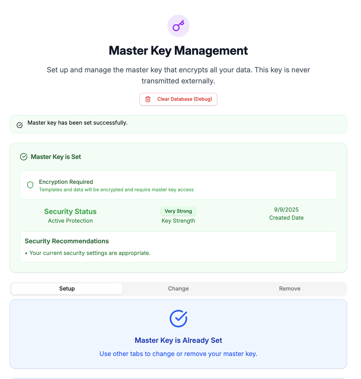 Master Key Setting Interface Screenshot